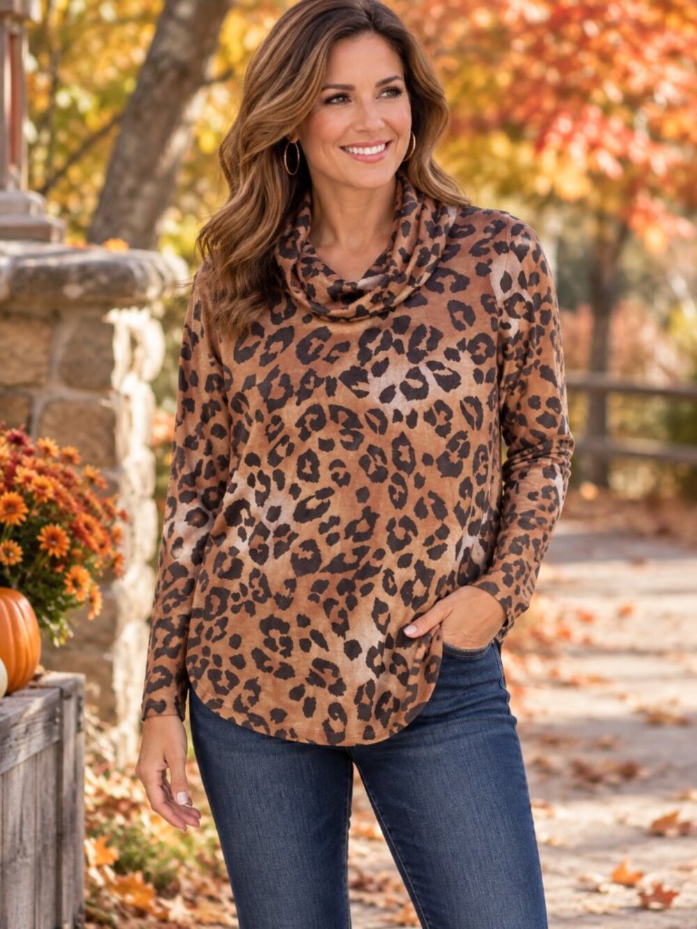 SJS Cowl Neck Sweater Lightweight Golden w/Brown Animal Print NWT M